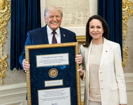 Venezuelan Opposition Leader Presents Nobel Peace Prize Medal to Trump